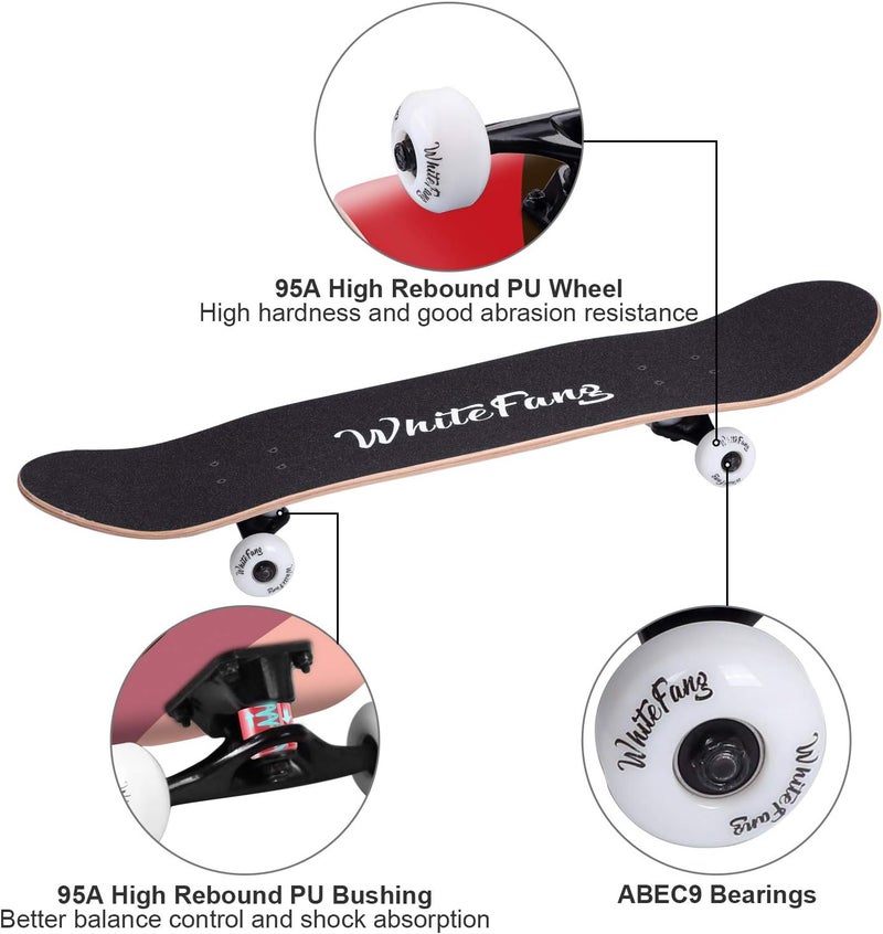 WhiteFang Skateboards for Beginners, Complete Skateboard 31 x 7.88, 7 Layer Canadian Maple Double Kick Concave Standard and Tricks Skateboards for Kids and Beginners - Image 5