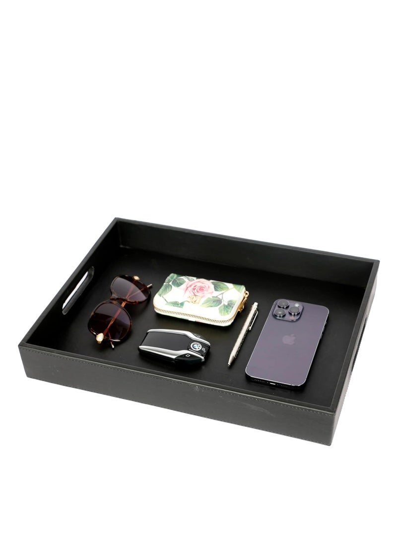 Lamsit Ibdaa - Leather Tray Organizer | Modern Storage for Home Office Desk, Wallet, Mobile Phone, Watch, Stationary, Jewelry, Perfume, Glasses | Beside Table Catchall Dump Key Bowl (Black) - Image 1
