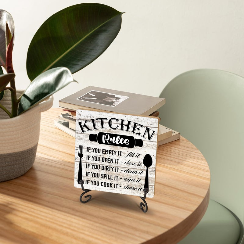DETIHO Rustic Wood Plaque with Stand - Kitchen Decor - Kitchen Rules Wood Sign - Idea Wooden Decor for Home Living Room Dining Room Shelf Table Decoration (31) - Image 5