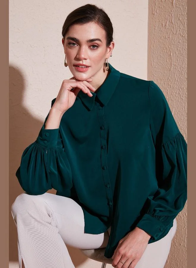 Lela Lela Regular Fit Stitching Detail Plain Collar Balloon Sleeve Shirt Women's SHIRT 611GO00003