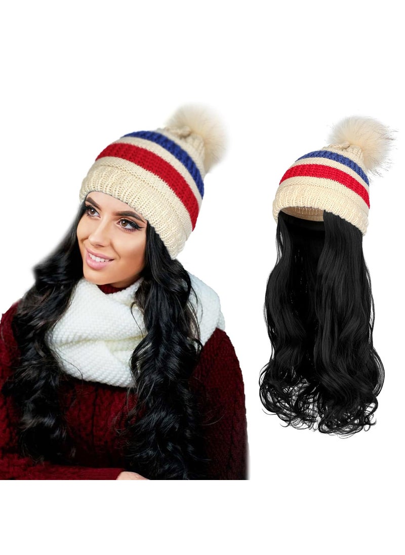 AynnQueen - AynnQueen Beanie with Hair Attached for Women Slouchy Cable Hat Wig Knit Beanie Winter Stripe Hat with 20inch Removable Hair Extensions Wig (Ash Blonde - Stripe Hat) - Image 1