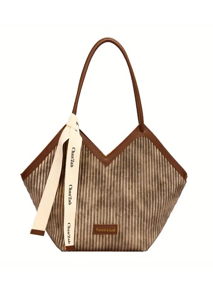 Chia Fashion Striped Pattern Tote Bag, Niche Design V-Shaped Shoulder Bag, Women's Handbag For Commuter, School - Image 1