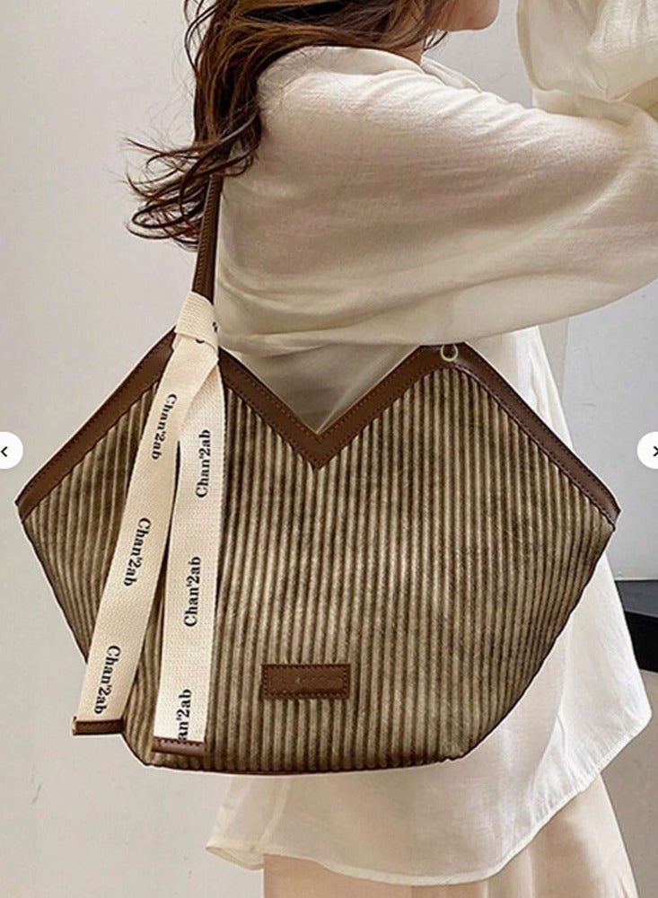 Chia Fashion Striped Pattern Tote Bag, Niche Design V-Shaped Shoulder Bag, Women's Handbag For Commuter, School - Image 2