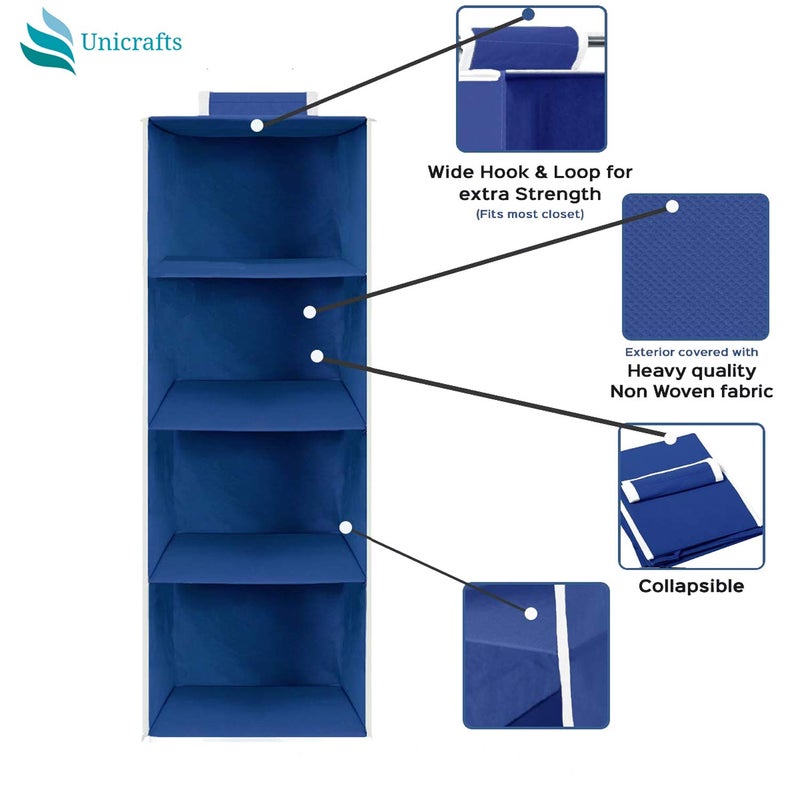 UNICRAFTS Hanging Organizer 4 Shelves NonWoven Foldable 4 Tier Pack of 2 1Blue 1Black - Image 4