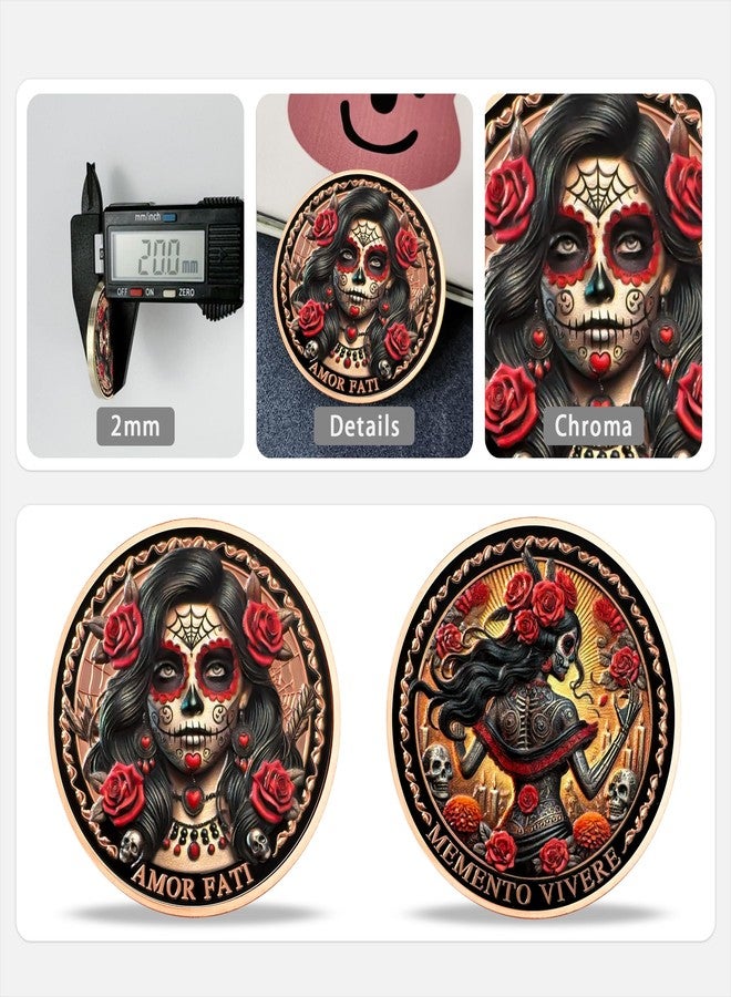 Imasoner Rose Skeleton Woman Coin Gifts Set | Amor Fati and Memento Vivere Dual Coins with Day of The Dead Theme | Unique Gifts for Celebrating Life and Legacy for Men & Women - Image 2