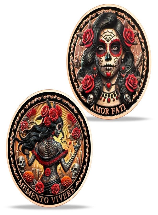 Imasoner Rose Skeleton Woman Coin Gifts Set | Amor Fati and Memento Vivere Dual Coins with Day of The Dead Theme | Unique Gifts for Celebrating Life and Legacy for Men & Women - Image 1