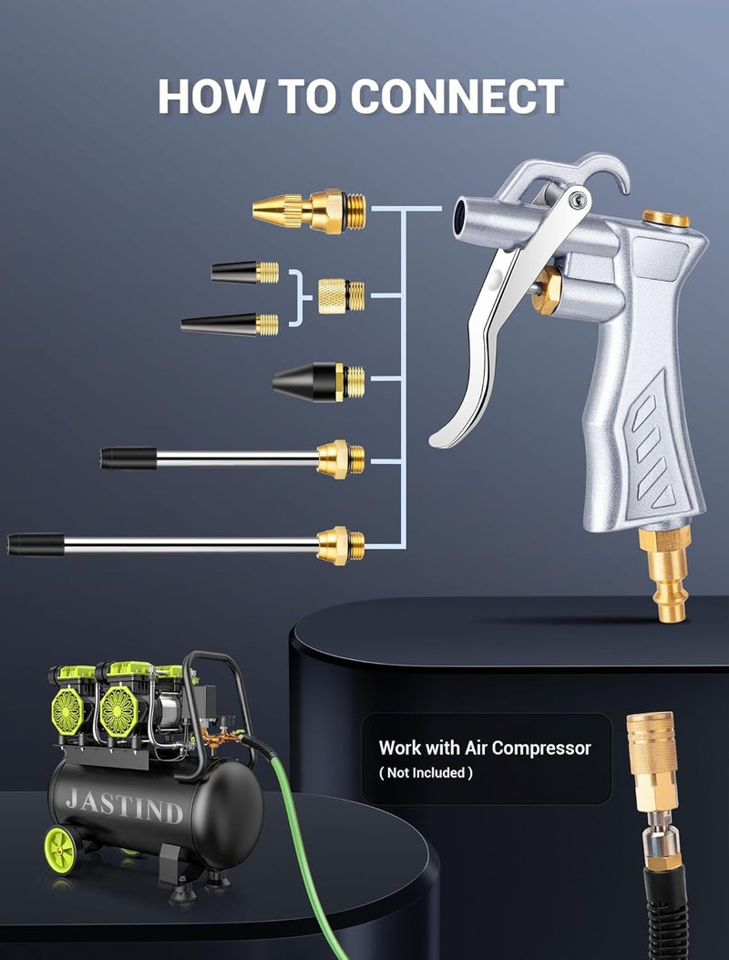 JASTIND Industrial Air Blow Gun with Brass Adjustable Air Flow Nozzle and 2 Steel Extension, Pneumatic Air Compressor Accessory Tool Dust Cleaning and Blower Gun - Image 3