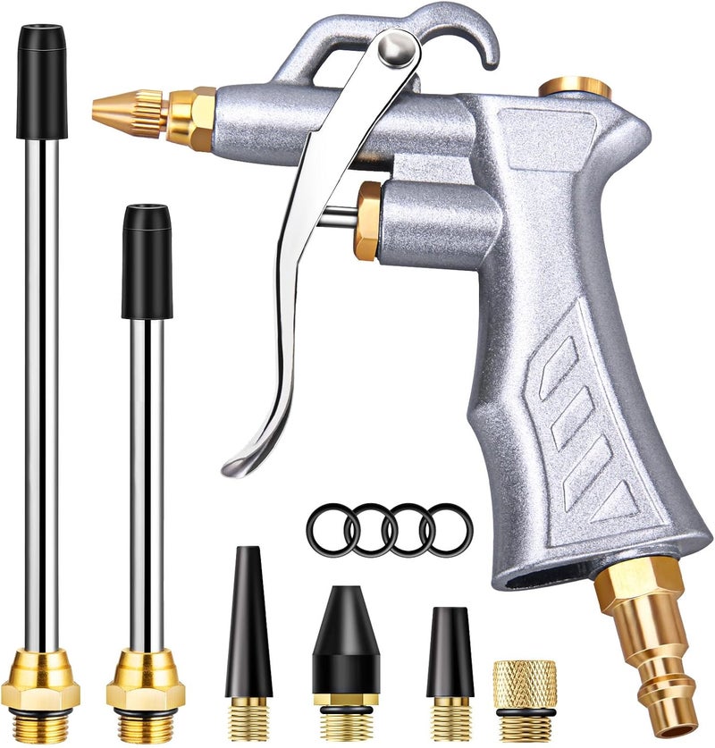 JASTIND Industrial Air Blow Gun with Brass Adjustable Air Flow Nozzle and 2 Steel Extension, Pneumatic Air Compressor Accessory Tool Dust Cleaning and Blower Gun - Image 1