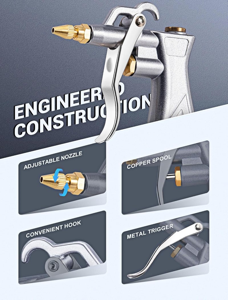 JASTIND Industrial Air Blow Gun with Brass Adjustable Air Flow Nozzle and 2 Steel Extension, Pneumatic Air Compressor Accessory Tool Dust Cleaning and Blower Gun - Image 4