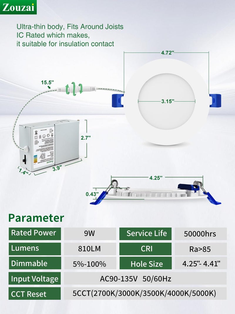 zouzai 12 Pack 4 Inch 5CCT Ultra-Thin LED Recessed Ceiling Light with Junction Box, 2700K/3000K/3500K/4000K/5000K Selectable, 9W Eqv 80W, Dimmable, led can Lights - ETL and Energy Star Certified - Image 5