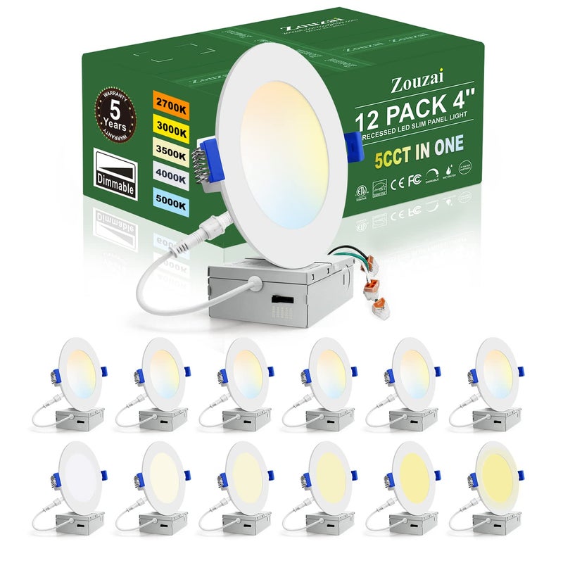 zouzai 12 Pack 4 Inch 5CCT Ultra-Thin LED Recessed Ceiling Light with Junction Box, 2700K/3000K/3500K/4000K/5000K Selectable, 9W Eqv 80W, Dimmable, led can Lights - ETL and Energy Star Certified - Image 4