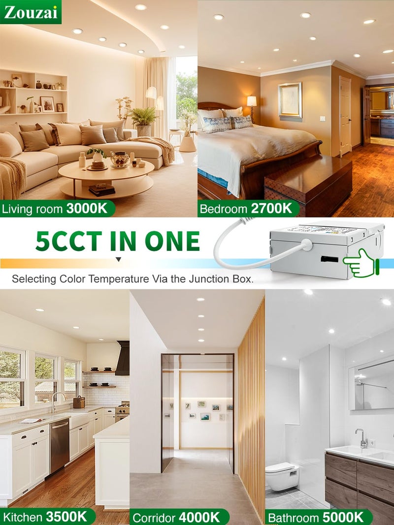 zouzai 12 Pack 4 Inch 5CCT Ultra-Thin LED Recessed Ceiling Light with Junction Box, 2700K/3000K/3500K/4000K/5000K Selectable, 9W Eqv 80W, Dimmable, led can Lights - ETL and Energy Star Certified - Image 2