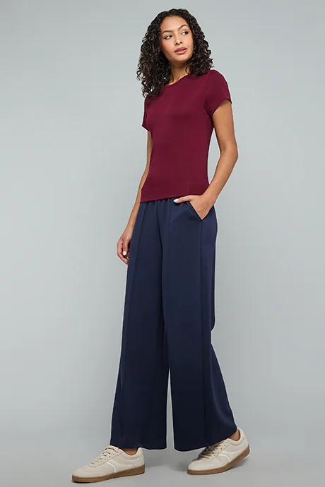أر أند بي Solid Wide Leg Pants with Drawstring Waist