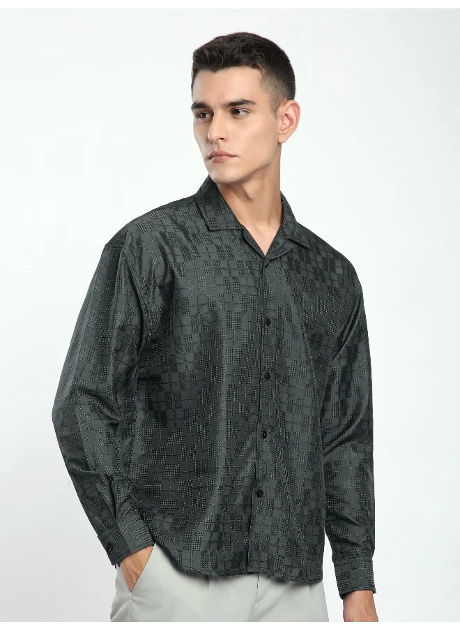 بيونغ Dark Grey Jacquard Cuban Shirt