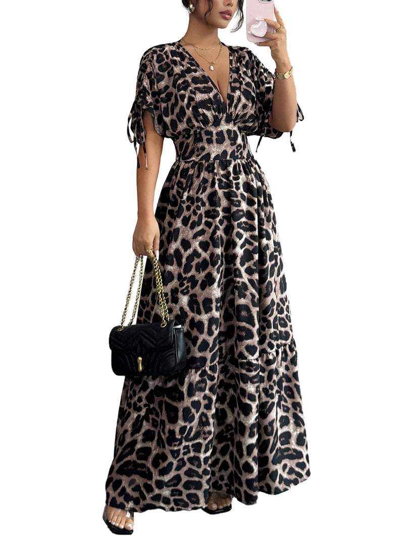 OYOANGLE Women's Summer Casual Bohemian Leopard Print Short Sleeve V Neck Cheetah Long Maxi Dress Khaki M - Image 1