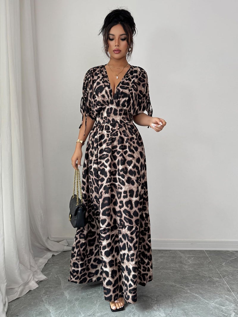 OYOANGLE Women's Summer Casual Bohemian Leopard Print Short Sleeve V Neck Cheetah Long Maxi Dress Khaki M - Image 3