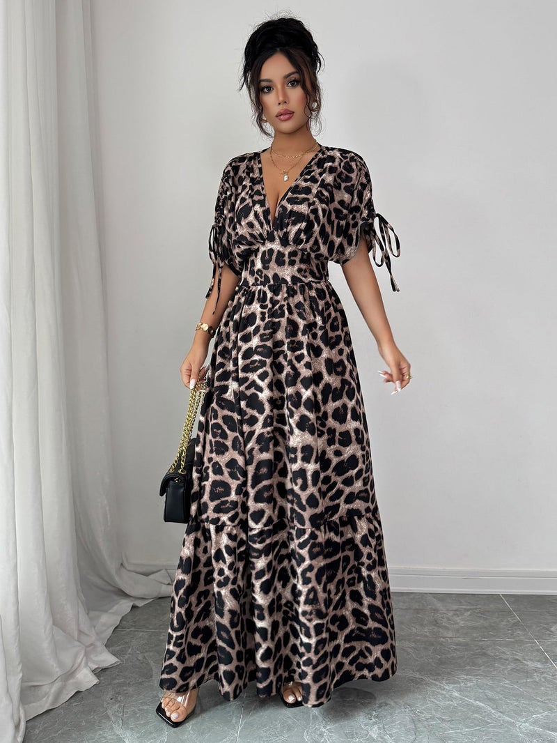 OYOANGLE Women's Summer Casual Bohemian Leopard Print Short Sleeve V Neck Cheetah Long Maxi Dress Khaki M - Image 4