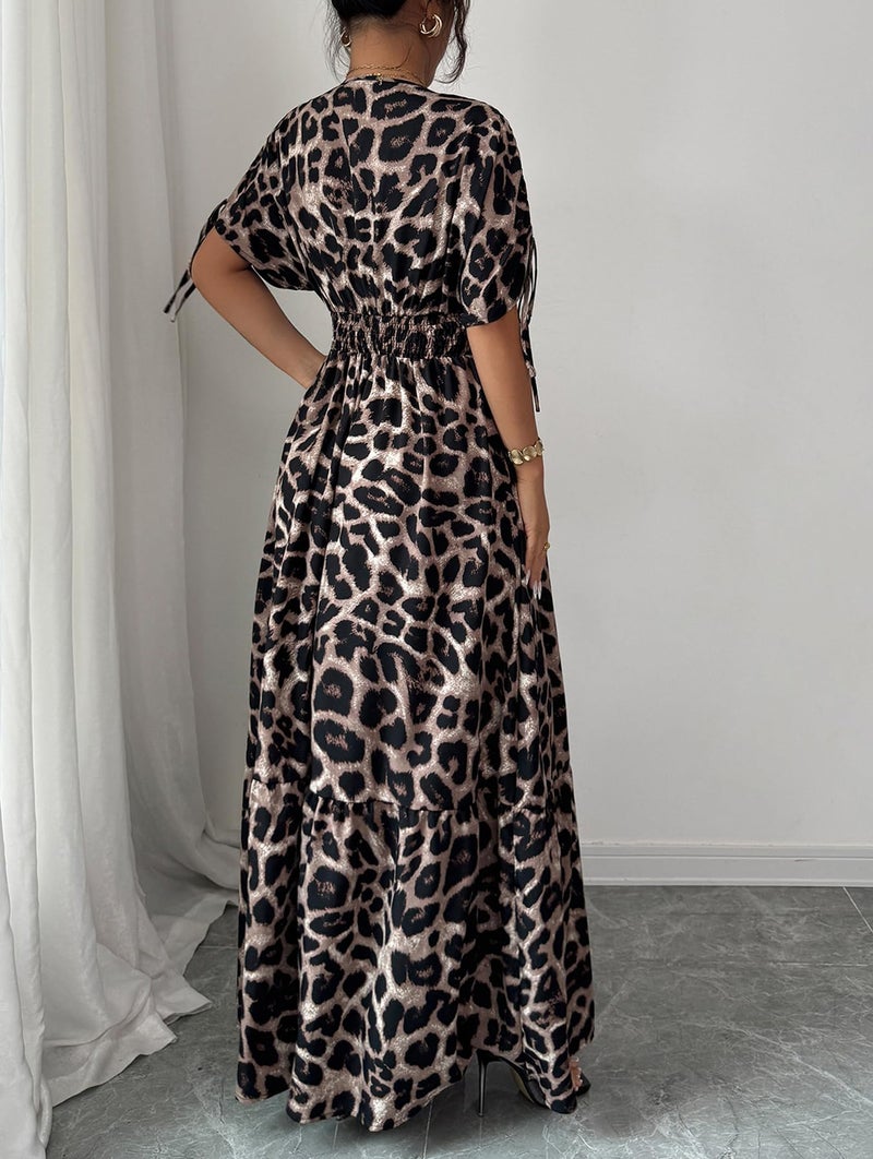 OYOANGLE Women's Summer Casual Bohemian Leopard Print Short Sleeve V Neck Cheetah Long Maxi Dress Khaki M - Image 2