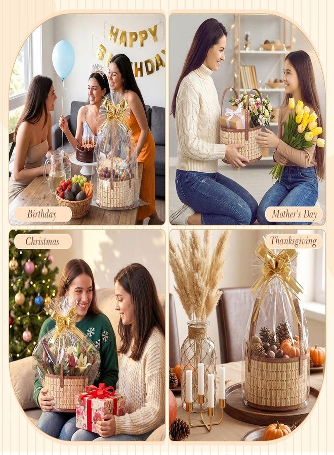 Novabright 2 Set Baskets for Gifts Empty, Bamboo Gift Raffle Baskets with Handle, Foldable Woven Gift Basket with Cellophane Wrap Bags, Bows for Graduation, Raffle, Housewarming, Baby BaptismsV - Image 4