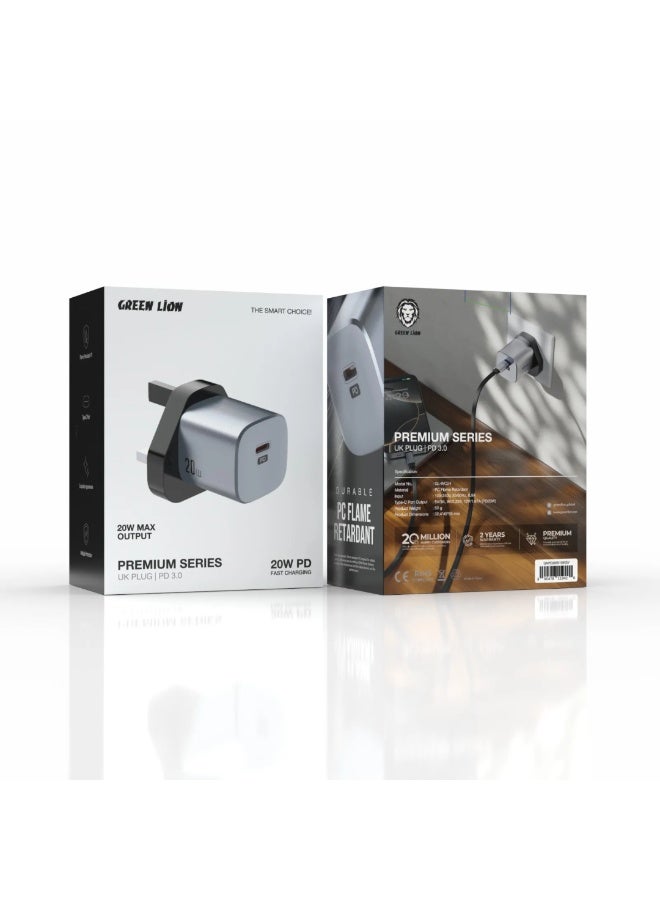 GREEN LION Premium Series PD 20W UK Plug Wall Charger with USB-C Port / PC Flame Retardant Material / Fast Charging / Travel Friendly - Grey - Image 4