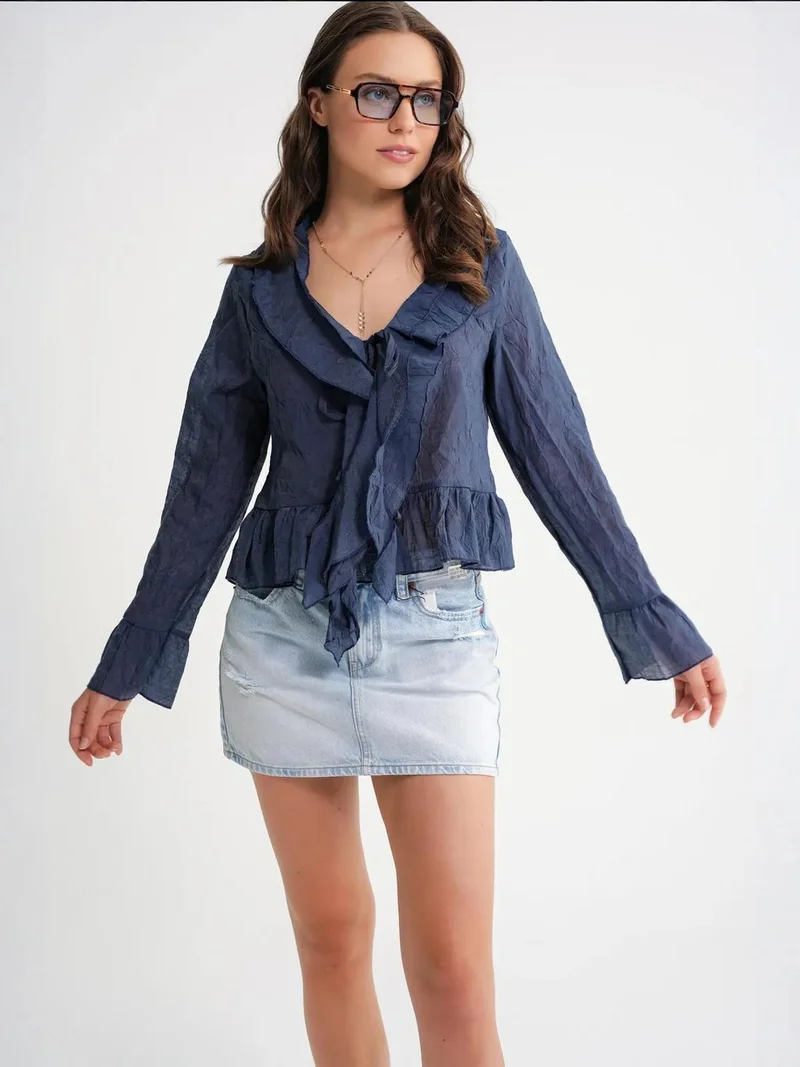 MixRay Mixray V-Neck Ruffle Blouse with Drawstring