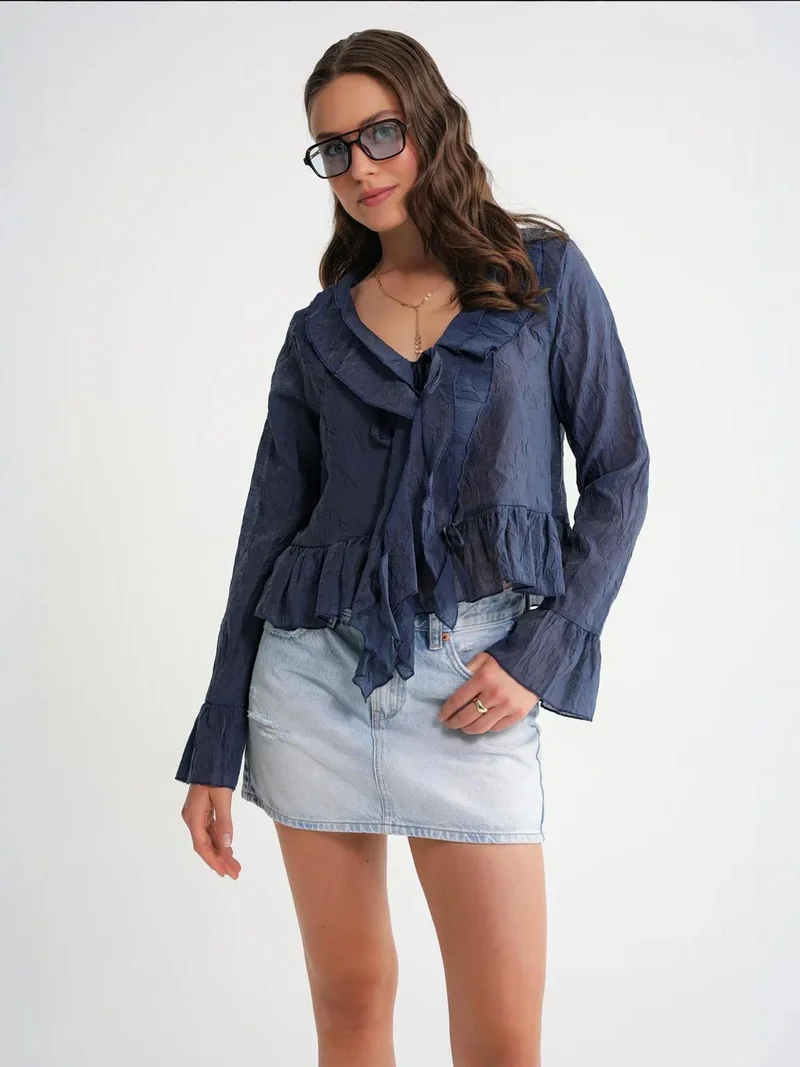 MixRay Mixray V-Neck Ruffle Blouse with Drawstring