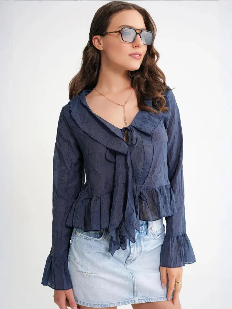 MixRay Mixray V-Neck Ruffle Blouse with Drawstring