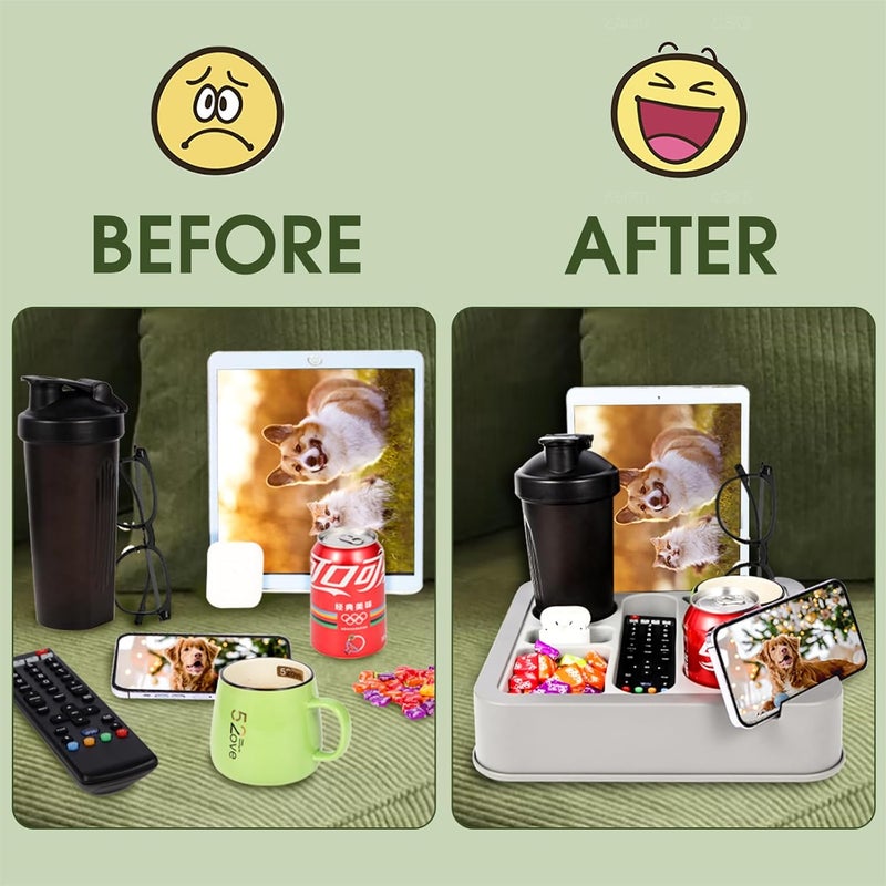 FINTHECH Couch Cup Holder Bed Caddy Couch Caddy Couch Tray Cup Holder for Couch,Couch Caddy with Cup Holder for Remote Phone Tablet Beverage Snack Gray. - Image 2