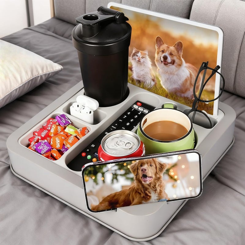 FINTHECH Couch Cup Holder Bed Caddy Couch Caddy Couch Tray Cup Holder for Couch,Couch Caddy with Cup Holder for Remote Phone Tablet Beverage Snack Gray. - Image 1