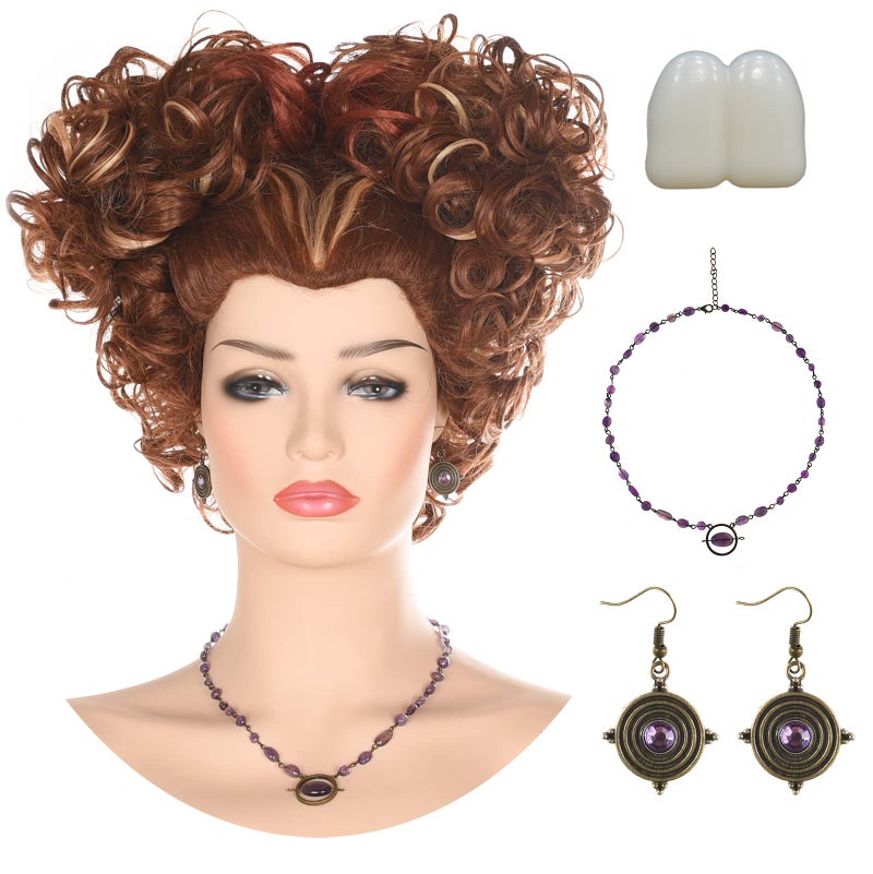 morvally Adult Women Halloween Costume Wig with Necklace Earrings and Teeth Short Reddish Brown Prestyled Synthetic Wig for Witch Sisters Cosplay Halloween Party