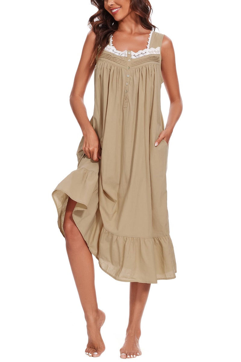 AVIIER 100% Cotton Nightgowns for Women Sleeveless Sleep Dress Ladies Gowns Sleepwear with Pockets (Light Coffee, XX-Large) - Image 1