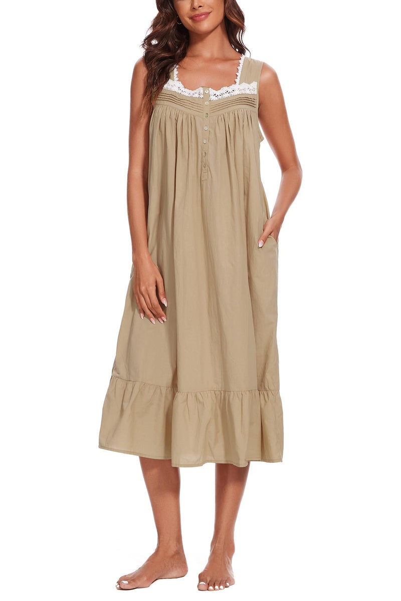AVIIER 100% Cotton Nightgowns for Women Sleeveless Sleep Dress Ladies Gowns Sleepwear with Pockets (Light Coffee, XX-Large) - Image 4
