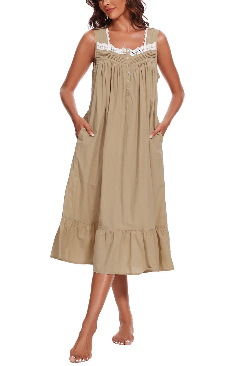 AVIIER 100% Cotton Nightgowns for Women Sleeveless Sleep Dress Ladies Gowns Sleepwear with Pockets (Light Coffee, XX-Large) - Image 2