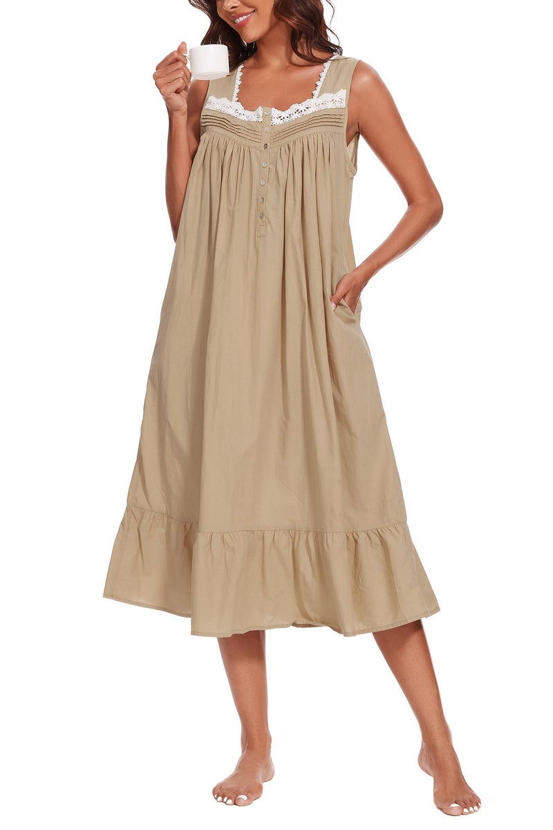 AVIIER 100% Cotton Nightgowns for Women Sleeveless Sleep Dress Ladies Gowns Sleepwear with Pockets (Light Coffee, XX-Large) - Image 3