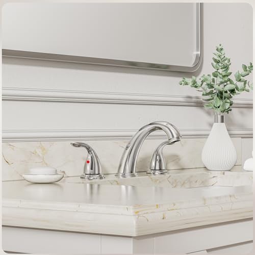 Phiestina Chrome 8 Inch 3 Holes Widespread Bathroom Sink Faucet 3 Pieces 2 Handles Low-Arc with Copper Pop Up Drain and Valve, WF008-5-C - Image 2