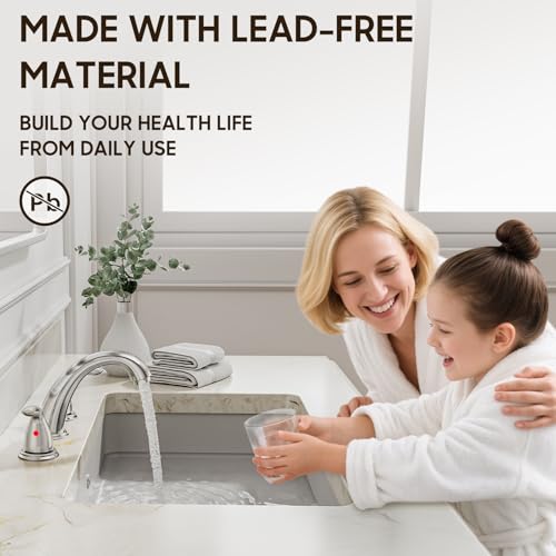 Phiestina Chrome 8 Inch 3 Holes Widespread Bathroom Sink Faucet 3 Pieces 2 Handles Low-Arc with Copper Pop Up Drain and Valve, WF008-5-C - Image 4