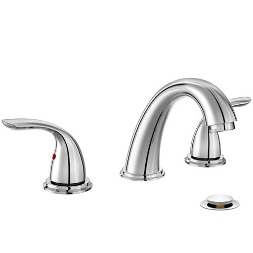 Phiestina Chrome 8 Inch 3 Holes Widespread Bathroom Sink Faucet 3 Pieces 2 Handles Low-Arc with Copper Pop Up Drain and Valve, WF008-5-C - Image 1