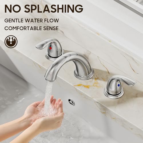 Phiestina Chrome 8 Inch 3 Holes Widespread Bathroom Sink Faucet 3 Pieces 2 Handles Low-Arc with Copper Pop Up Drain and Valve, WF008-5-C - Image 5