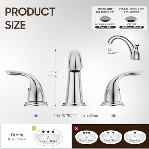 Phiestina Chrome 8 Inch 3 Holes Widespread Bathroom Sink Faucet 3 Pieces 2 Handles Low-Arc with Copper Pop Up Drain and Valve, WF008-5-C - Image 3