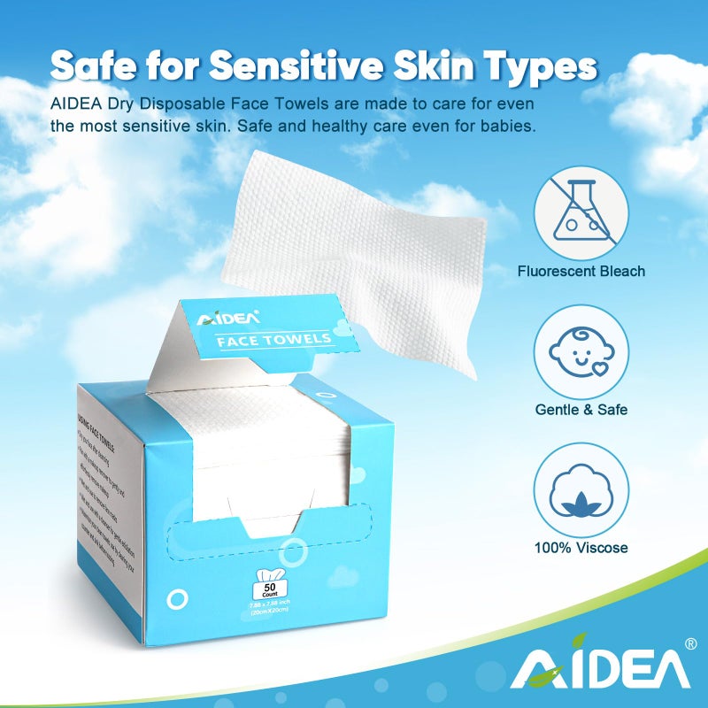 AIDEA Face Towels Disposable-50Ct, Facial Cleansing Wipes for Sensitive Skin, Facial Towelettes for Makeup Removing, Nursing, Travel, Dry Wipes Face Cloths - Image 2