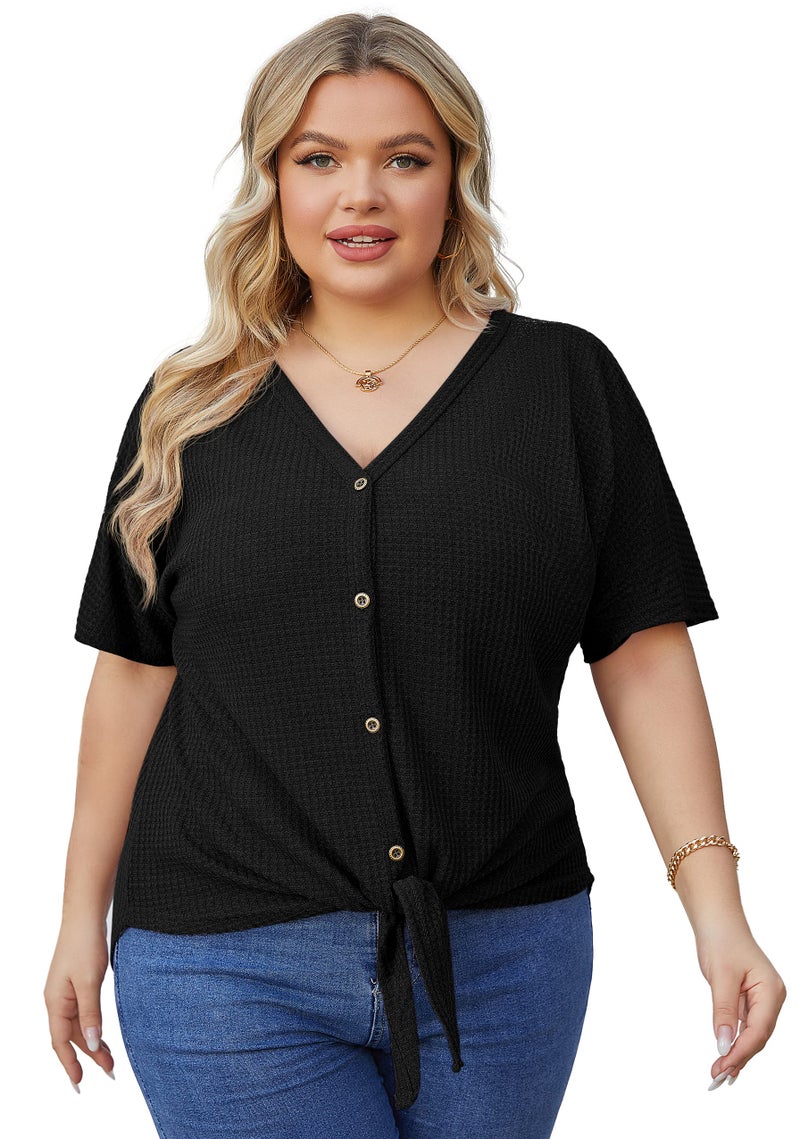 OLRIK Womens Plus Size Tops Short Sleeve V Neck Waffle Knit Tunic Blouse Tie Front Button Up T Shirts Black-3X - Image 2