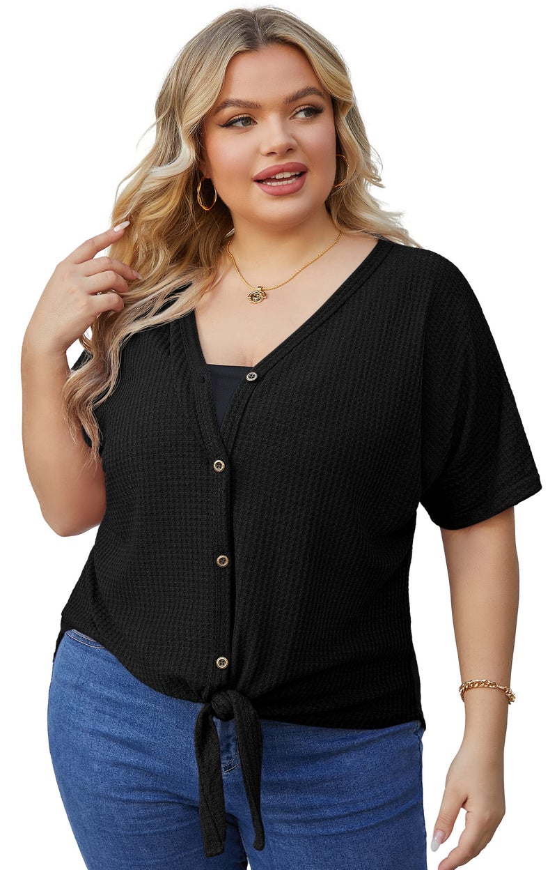 OLRIK Womens Plus Size Tops Short Sleeve V Neck Waffle Knit Tunic Blouse Tie Front Button Up T Shirts Black-3X - Image 3