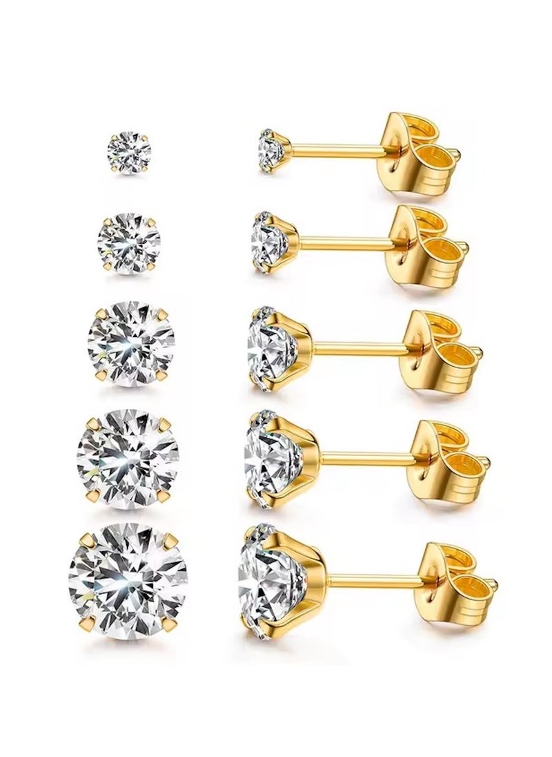 Huitich Gold Colour Plated Cubic Zirconia Stud Earrings Set – 5 Pairs  - Image 1