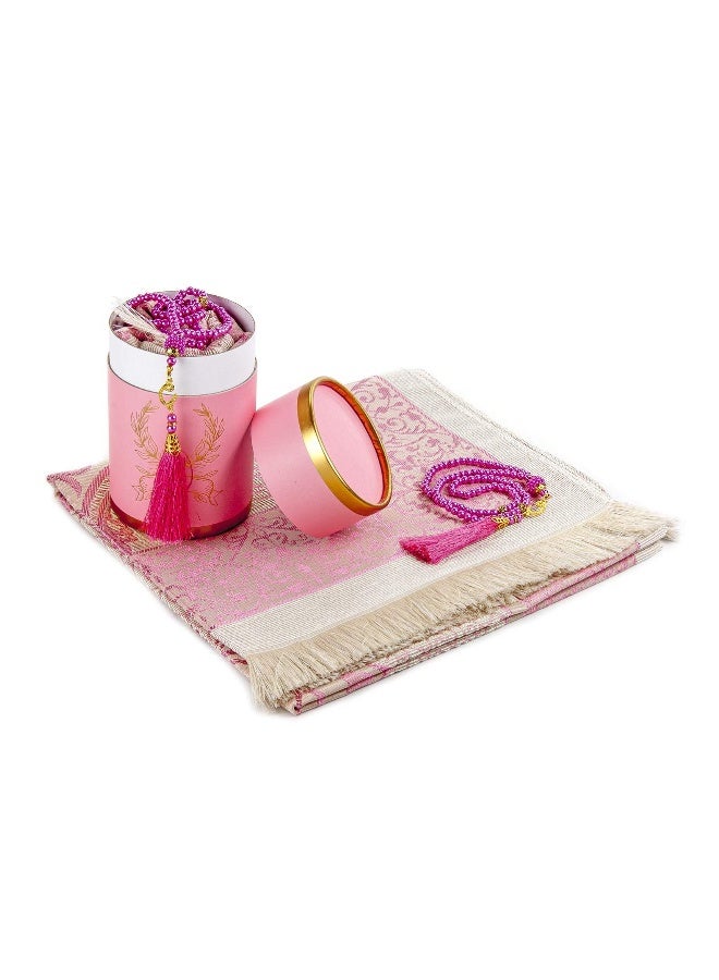 İhvan Online Muslim Prayer Rug and Prayer Beads with Elegant Cylinder Gift Box | Janamaz | Sajadah | Soft Islamic Prayer Rug | Islamic Gifts Set | Prayer Carpet Mat, Taffeta Fabric, Pink - Image 1