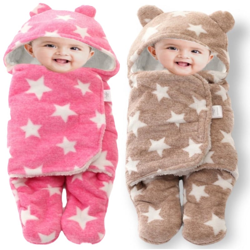 BRANDONN Baby Blankets New Born Combo Pack of Wearable Swaddle Wrapper Security Blanket for Kids for 0-6 Month Babies (Beige, Pink, 70 cm x 70 cm) - Image 1