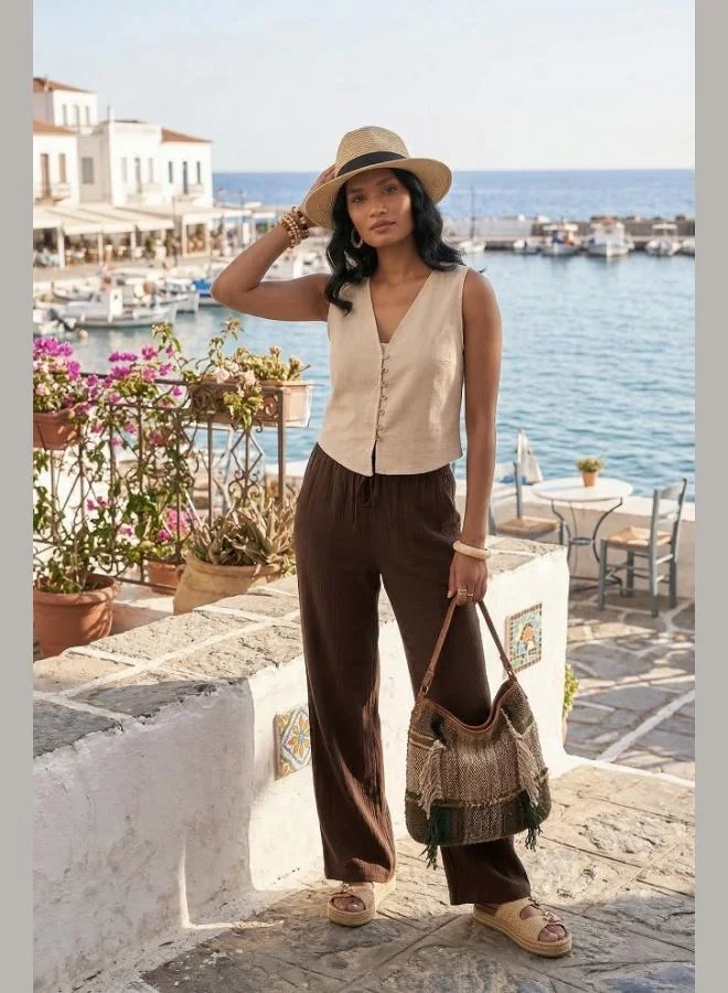 ليلا Lela Cotton Regular Fit V-Neck Button Detail Summer Blouse Vest Women's VEST 5866661