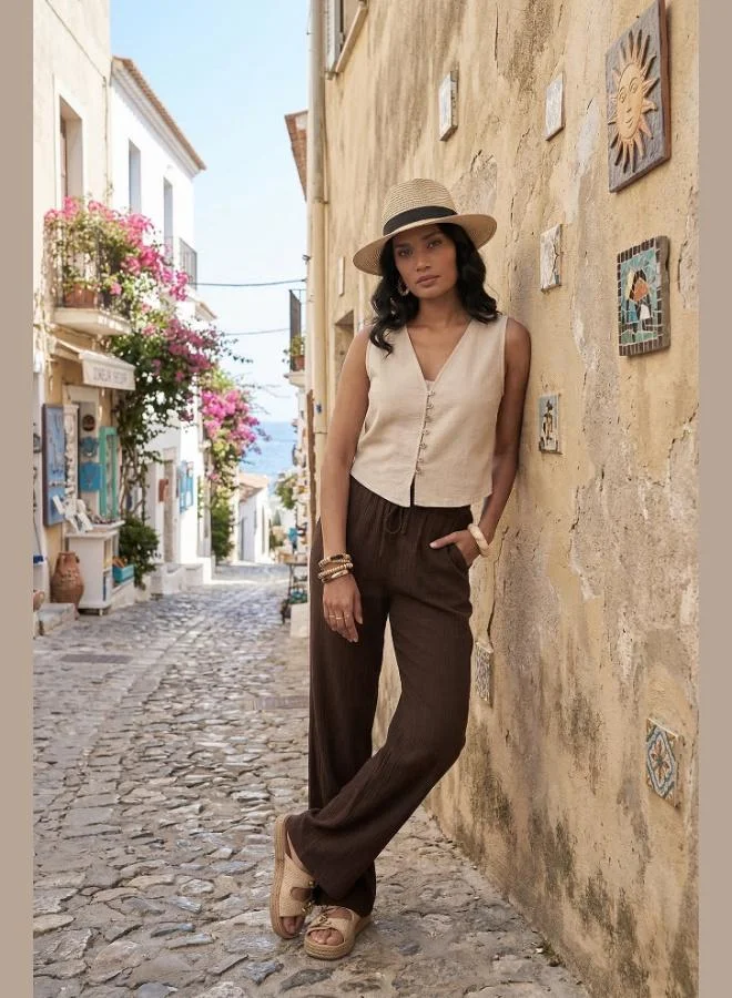 ليلا Lela Cotton Regular Fit V-Neck Button Detail Summer Blouse Vest Women's VEST 5866661