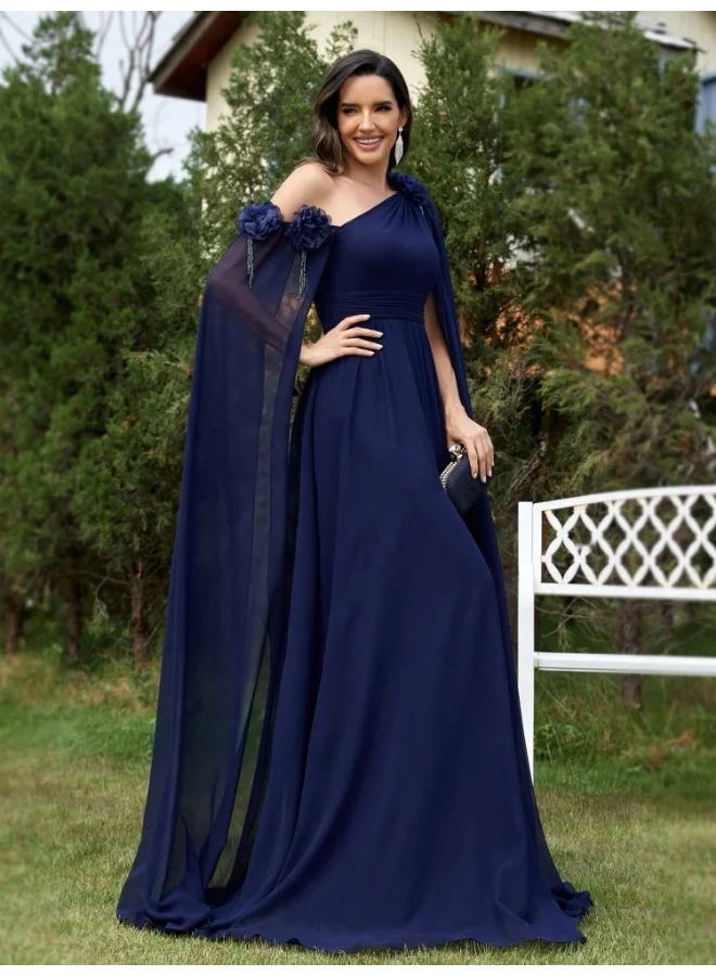 Madam Uniq Deep Blue One - Shoulder Cape Maxi Dress, Flower Details
