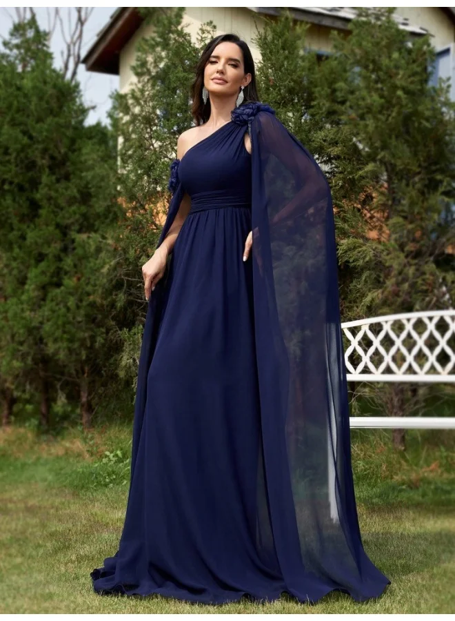Madam Uniq Deep Blue One - Shoulder Cape Maxi Dress, Flower Details