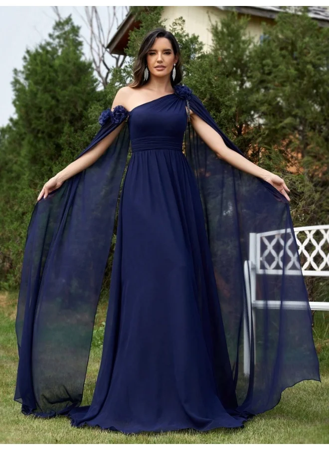Madam Uniq New Blue Chiffon One-Shoulder Dress with Flowing Ribbons